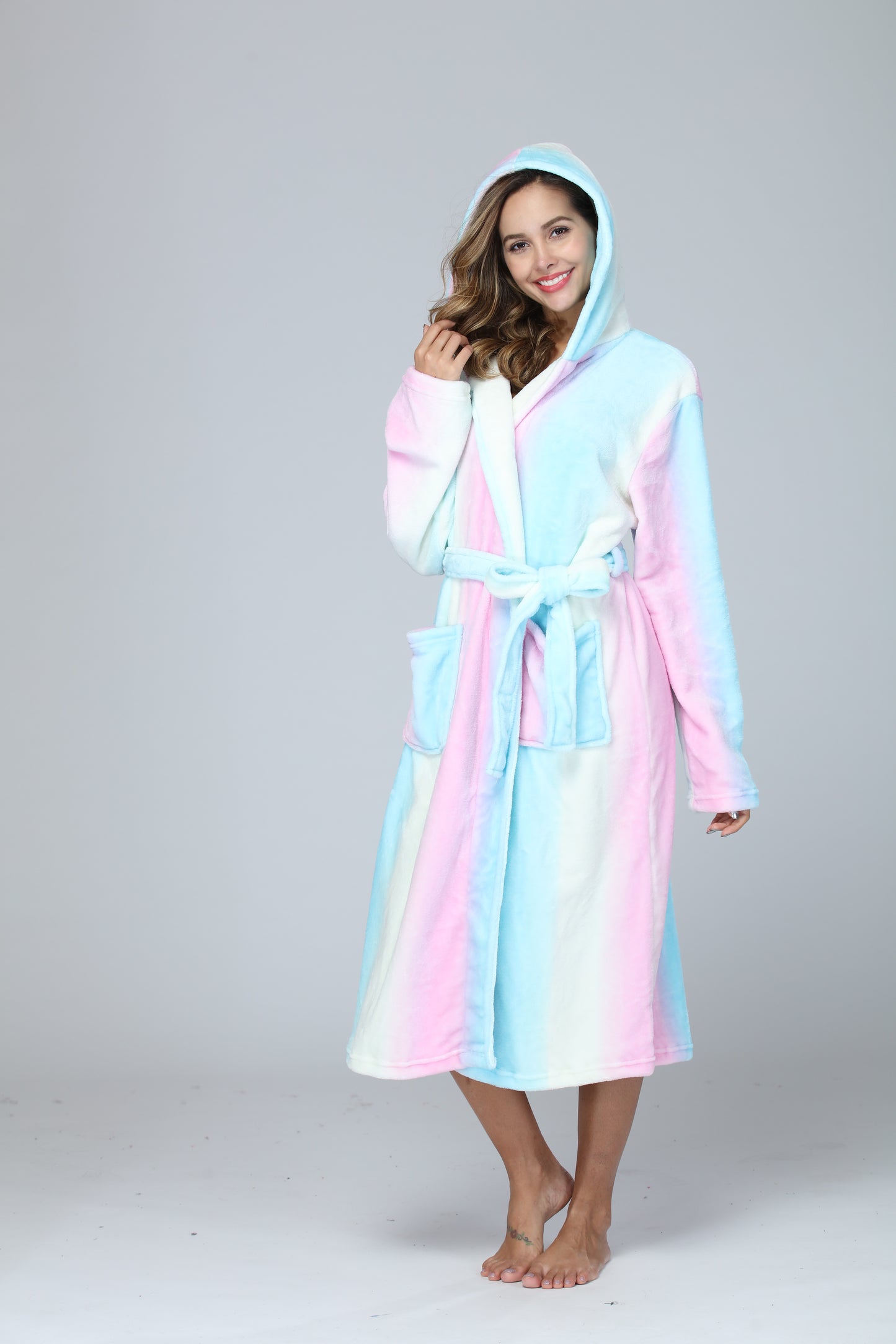 RONGTAI Womens Long Robes Plush Fleece Nightgown Thick Hooded Bathrobe With Pockets Fluffy Sleepwear For Men