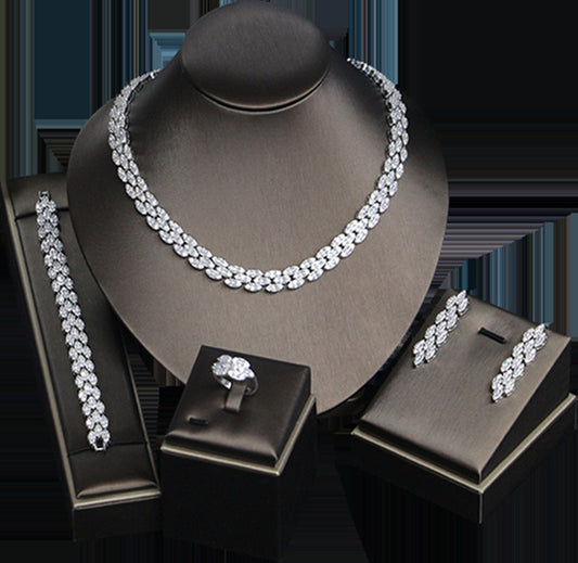 Bridal Jewelry Wedding Formal Dress Accessories -Silver White Necklace Full set, Earrings, bracelet & ring Zircon Four-piece Set